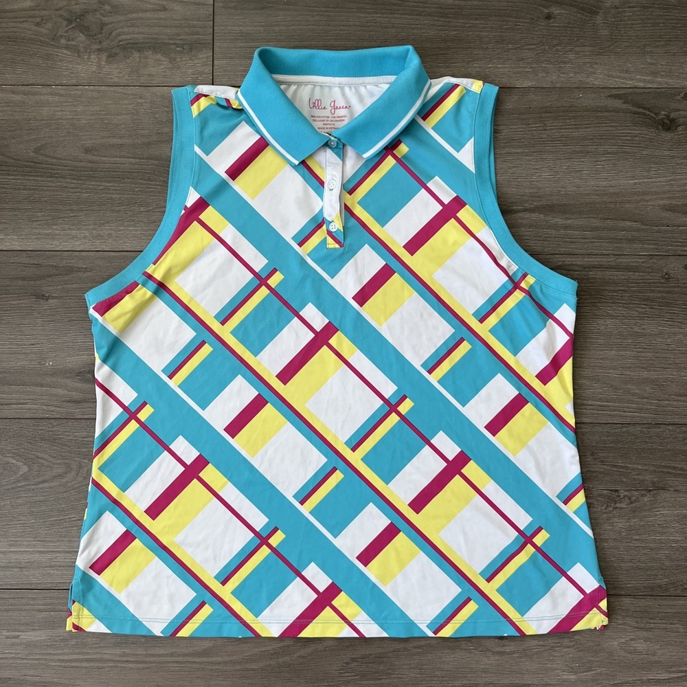 Lillie Green Golf Polo Sleeveless Womens XL Turquoise Yellow Pink Plaid